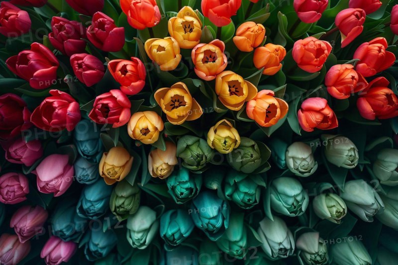 Top-down view of a diverse array of colorful tulips, AI generated