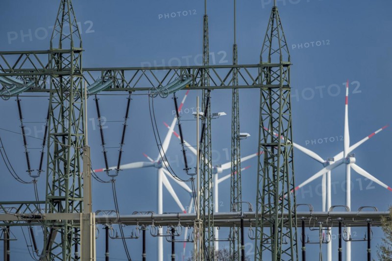 Stendal West substation with wind turbines in the background near Luederitz, Stendal, Saxony-Anhalt, Germany, Europe