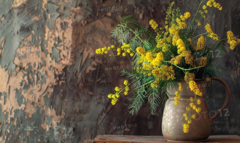 A close-up shot of Mimosa branches arranged in a vintage pitcher AI generated