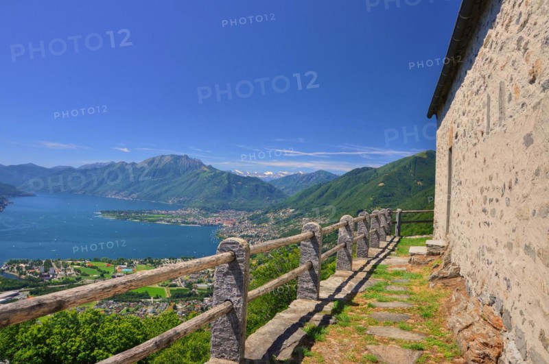 Panoramic View over an Alpine Lake Maggiore with Mountain in a Sunny Summer Day in Locarno, Ticino, Switzerland, Europe