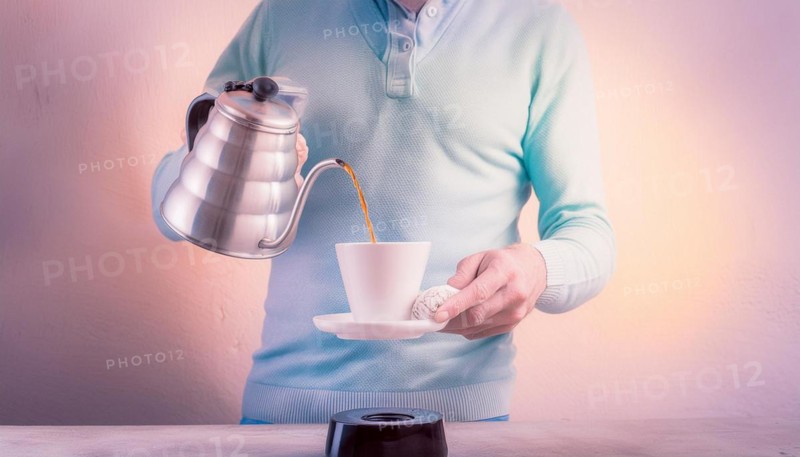 A man in a pastel sweater manually brewing coffee by pouring from a kettle into a ceramic cup, horizontal, AI generated