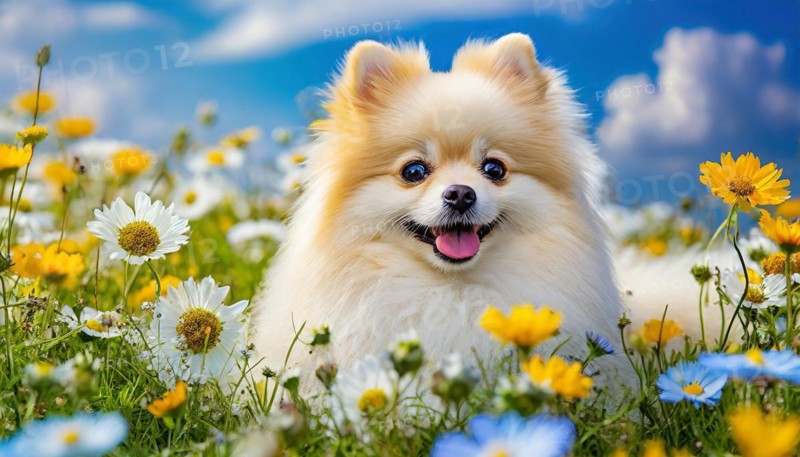 KI generated, animal, animals, mammal, mammals, one, single animal, dwarf spitz, Spitz, (Canis lupus familiaris), dog, dogs, bitch, Pomeranians, flower meadow, summer