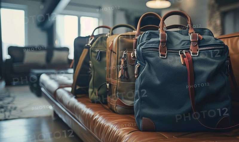 Luxurious leather bags displayed on a couch in a showroom with soft lighting AI generated