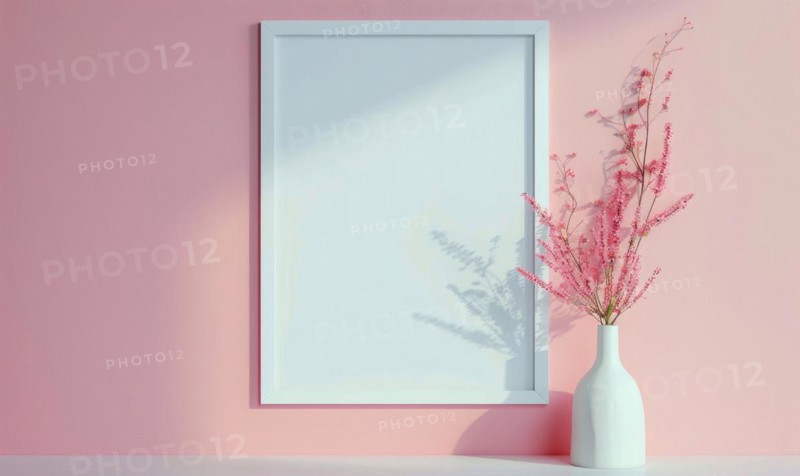 Flat background with blank poster mockup on pink wall AI generated