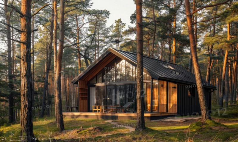 A modern wooden cabin nestled among tall pine trees in the forest AI generated