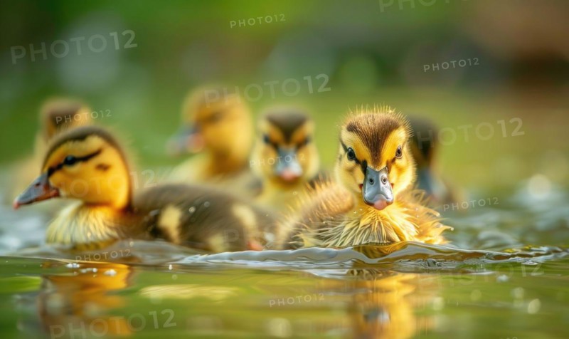 Ducklings swimming in a pond, close up view AI generated