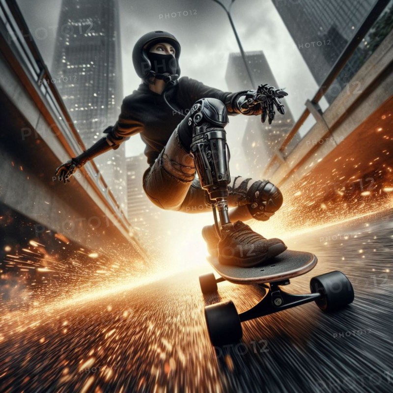A person with a bionic leg skateboarding on an urban street with sparks flying around, AI generated
