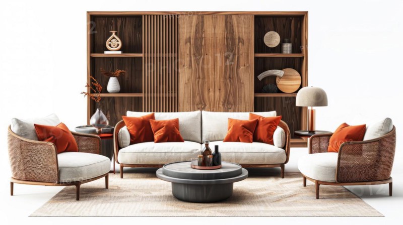Modern living room with wooden bookshelf, white sofa, armchairs, and decorative objects, ai generated, AI generated