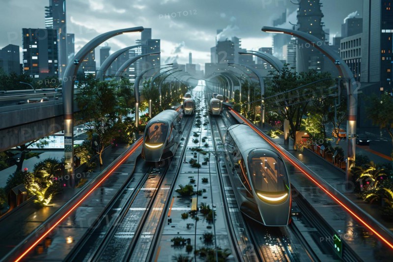 Futuristic monorail trains on elevated tracks surrounded by urban greenery at dawn, AI generated