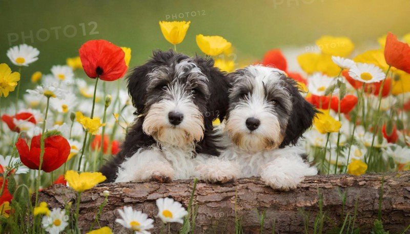 KI generated, animal, animals, mammal, mammals, bobtail, (Canis lupus familiaris), dog, dogs, bitch, dog breed from England, two puppies, flower meadow