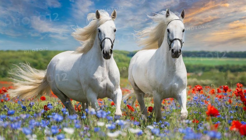 KI generated, A horse, horses, Arabian, in front of a blue sky, thoroughbred Arabian, AV, Arabian thoroughbred, (Eqqus ferus caballus), running in a meadow with colourful flowers