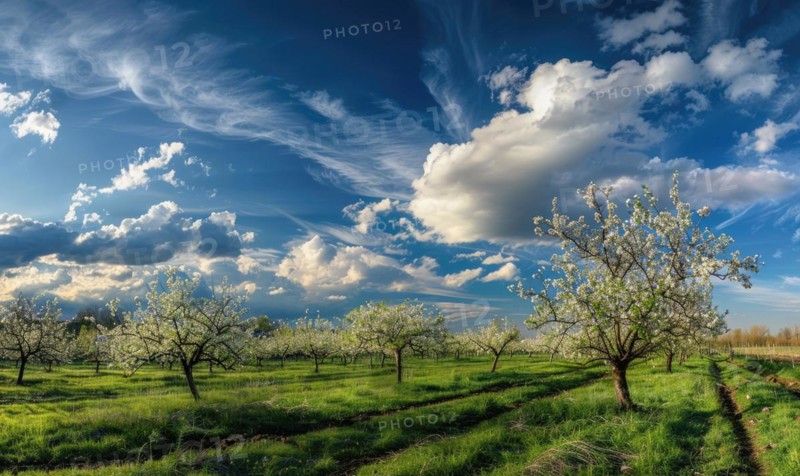 Blue skies over a blooming orchard AI generated