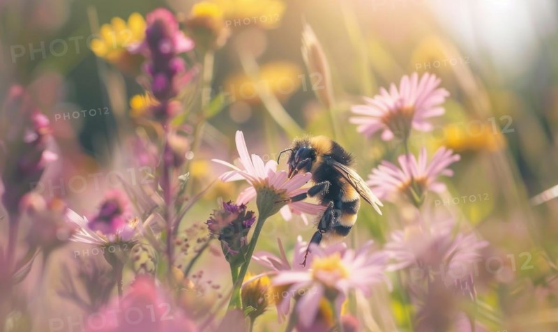 Bumblebee collecting pollen from flowers, closeup view, selective focus AI generated