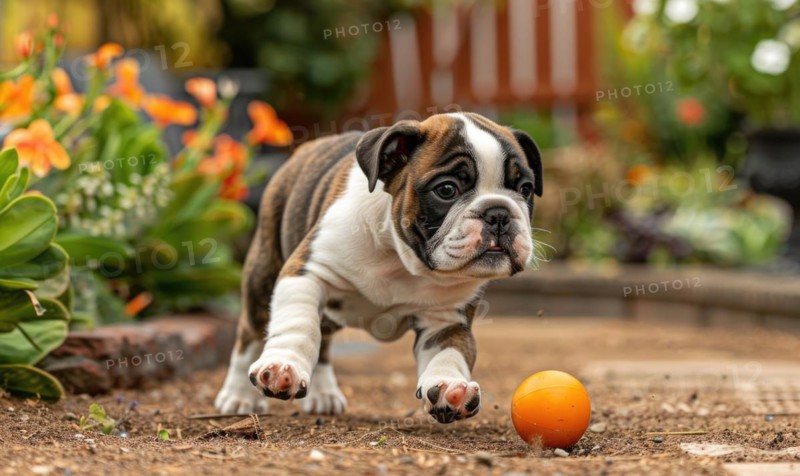 Playful bulldog puppy chasing a ball in a backyard garden AI generated