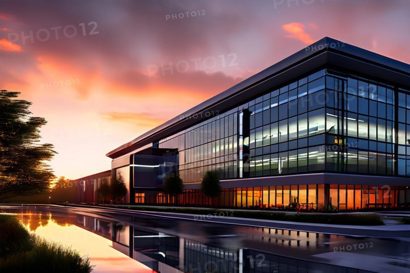 Modern hospital at dawn glass surfaces mirroring early morning sky, AI generated, modern, architecture