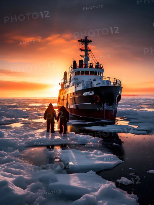 Icebreaker ship carving a path through thick ice of the polar region, AI generated
