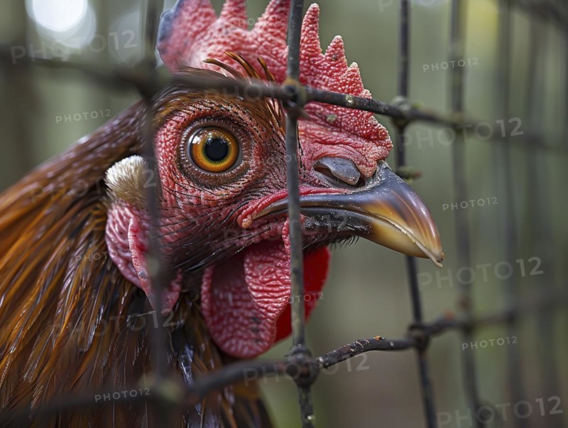Detailed view of a chicken's head behind a wire fence, AI generiert, AI generated