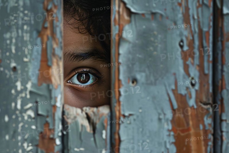 Close up of child peeking through hole in wooden wall. KI generiert, generiert, AI generated