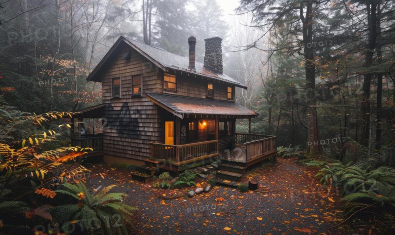 A cozy cabin nestled in a lush forest, surrounded by mist and raindrops glistening on the leaves AI generated