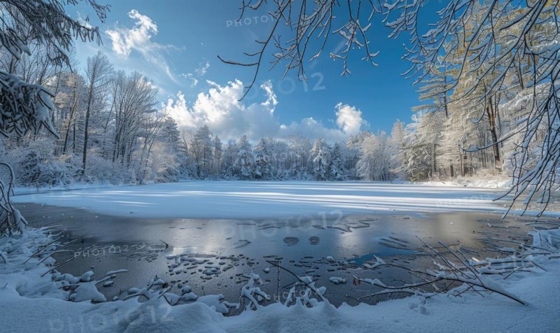 A frozen lake framed by snow-laden trees in a winter wonderland scene AI generated