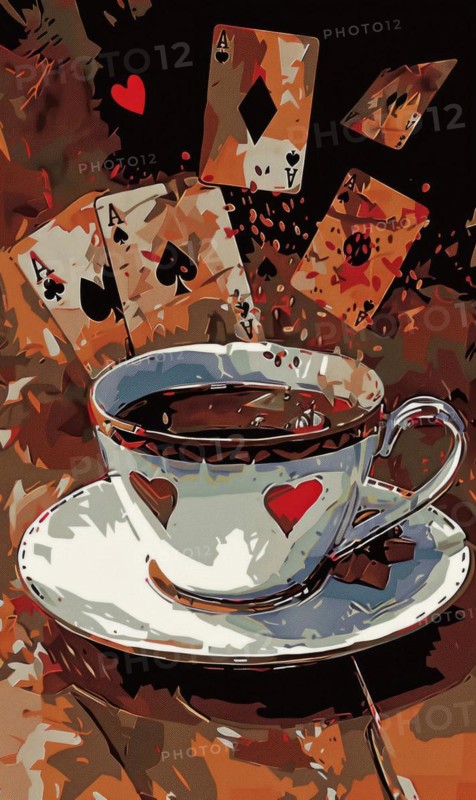 A cup of coffee is on a table with four playing cards in the background. The image has a playful and whimsical mood, as if the coffee cup is a character in a game of cards AI generated