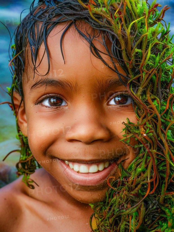 A joyous child with seaweed in hair sporting a bright smile in a playful close-up, earth day concept, AI generated
