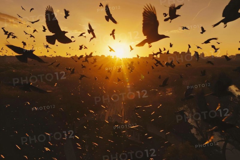 A flock of rooks, ravens flies over an urban area, AI generated, AI generated, AI generated