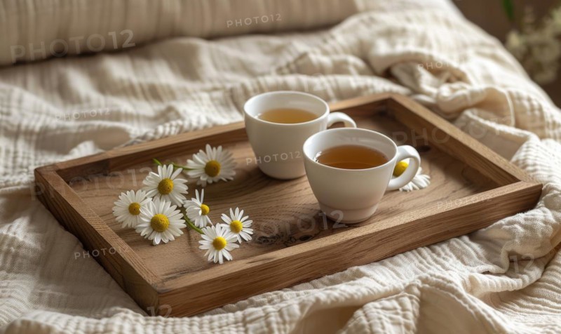 Chamomile tea set on a wooden tray AI generated