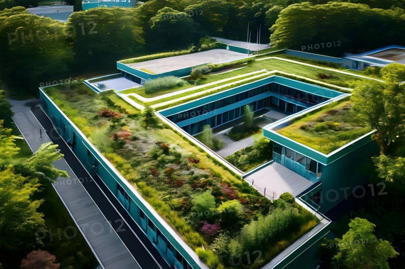 Aerial view of a modern hospitals green roof designed as a therapeutic garden, AI generated, modern, architecture