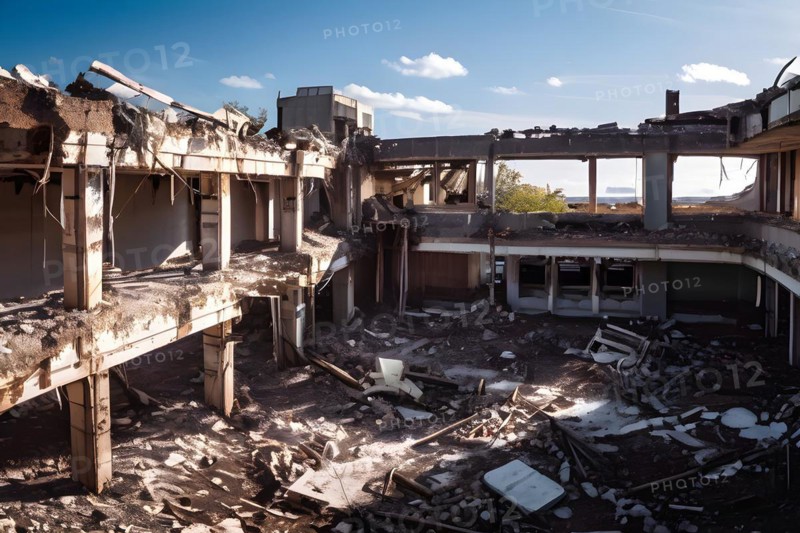 Neglected hospital section with collapsed roof elements, AI generated, hospital, damage, abandoned, ruin, decrepit