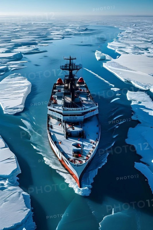 Aerial view of churned ice and open water trailing an icebreaker through pristine icy wilderness, AI generated