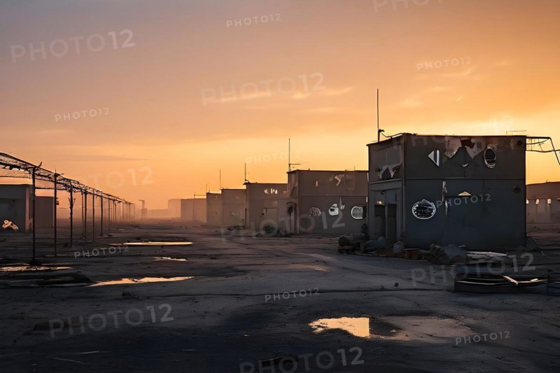 Deserted military base featuring empty barracks and abandoned tanks in silent, AI generated
