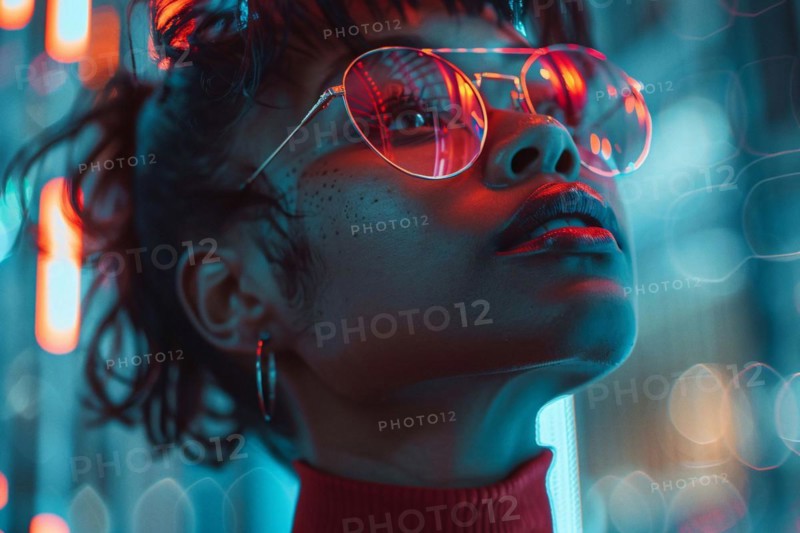 A woman's face is lit by neon lights, lending a modern, cyberpunk feel to the scene, AI generated
