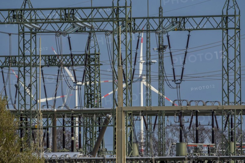 Stendal West substation with wind turbines in the background near Luederitz, Stendal, Saxony-Anhalt, Germany, Europe