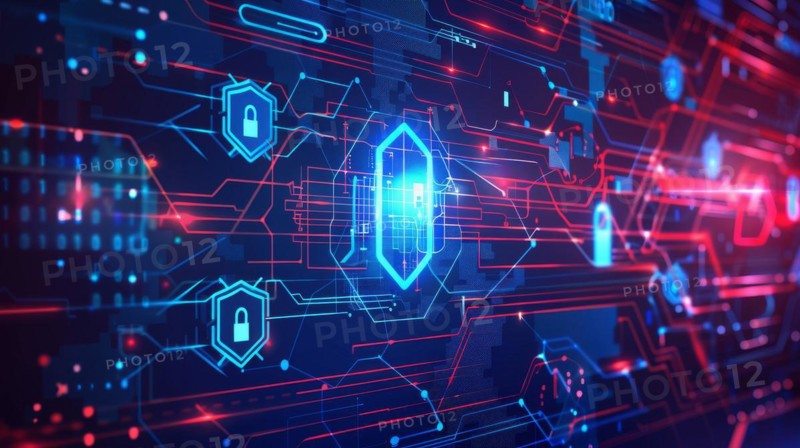 Futuristic network protection concept with a digital shield and circuit lines, ai generated, AI generated