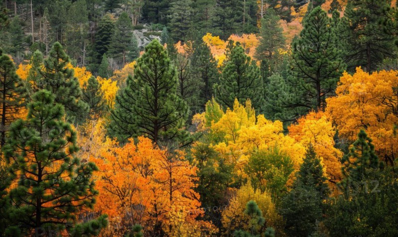The vibrant colors of autumn foliage contrasting with the deep green of pine trees in a forest, autumn forest background AI generated