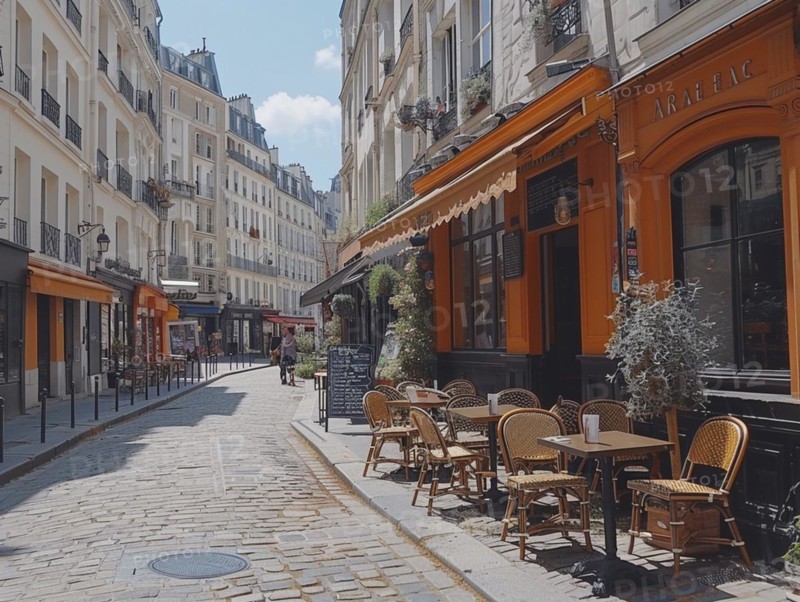 Gemuetliche Pariser Strassenszene mit Cafe im Hintergrund und klarem blauen Himmel, Lifestyle in Paris, Frankreich, AI generiert, AI generated