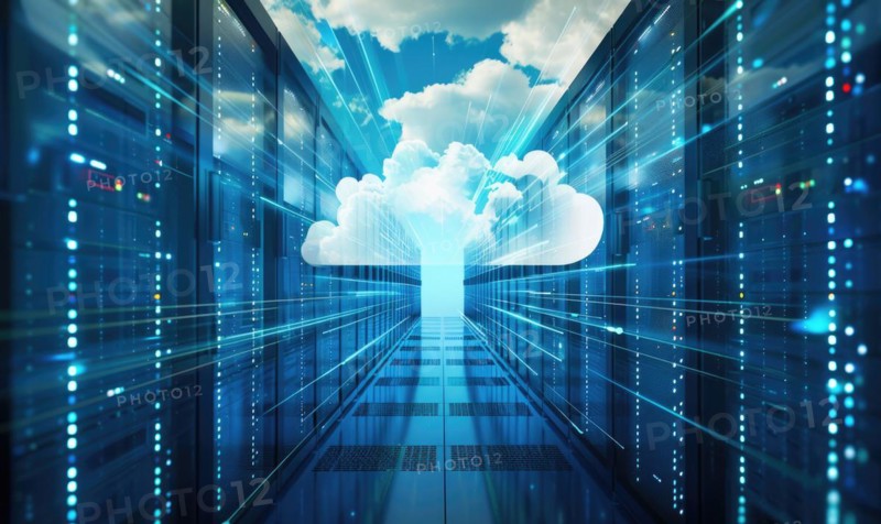 Cloud computing background with server racks and digital data streams AI generated