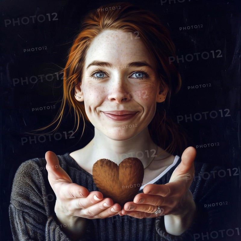 A young woman with freckles holds a heart and smiles gently, AI generated