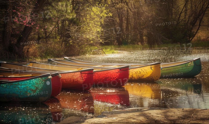 A row of colorful canoes parked beside a sparkling spring river AI generated