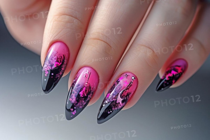 Close-up of elegant stiletto manicure with pink and black glitter design, AI generated