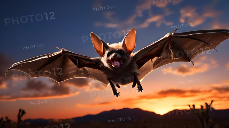 Pallid bat mid flight illuminated by twilight in the intricate saguaro desert, AI generated