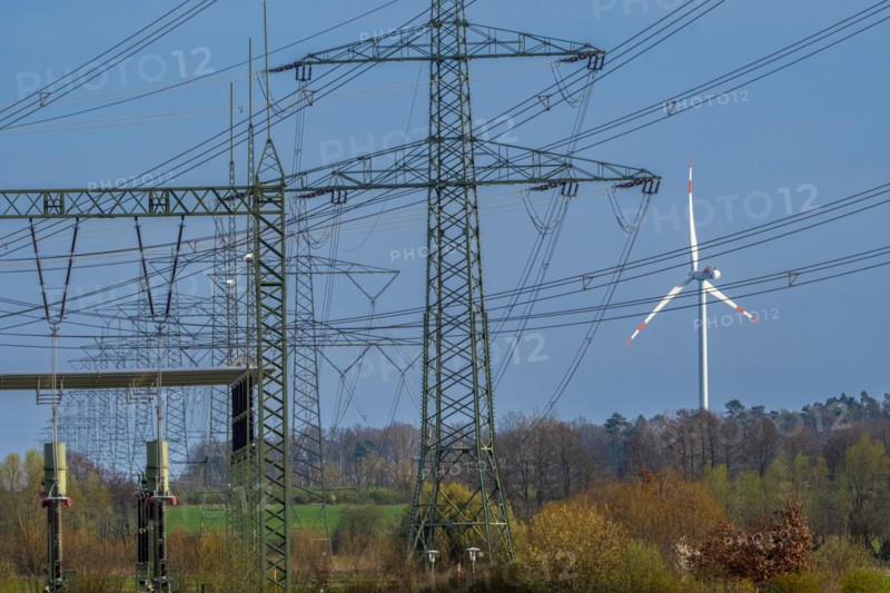 Stendal West substation with wind turbines in the background near Luederitz, Stendal, Saxony-Anhalt, Germany, Europe