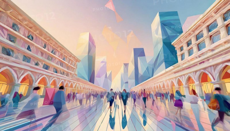 Modern and colorful take on a historical city square with lively pedestrian activity and reflections, low poly style, AI generated