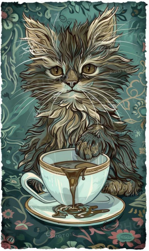 A cat is sitting on a table with a cup of coffee. The cat is looking at the camera and he is curious about the coffee AI generated
