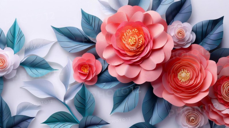 Intricate 3D paper art featuring coral roses and blue leaves against a grey backdrop, ai generated, AI generated