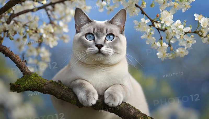 AI generated, animal, animals, mammal, mammals, cat, felidae (Felis catus), a cat resting on a tree, tree blossom, spring, summer