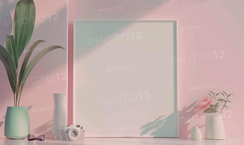 Flat background with blank poster mockup on pink wall AI generated