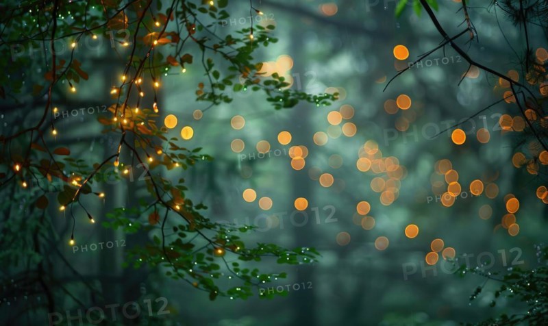 Ethereal bokeh lights diffusing through mist in a mystical woodland, nature background AI generated