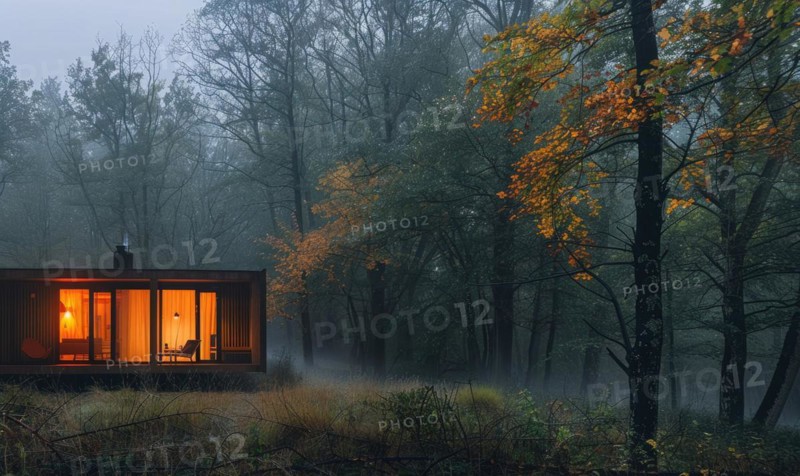 Morning mist enveloping a contemporary wooden cabin hidden deep within a spring garden filled with blooming irises and lilies AI generated
